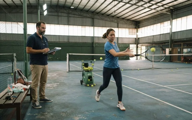 A beginner player practises a soft shot near the net on an indoor pickleball court in Klang Valley, watched by a coach