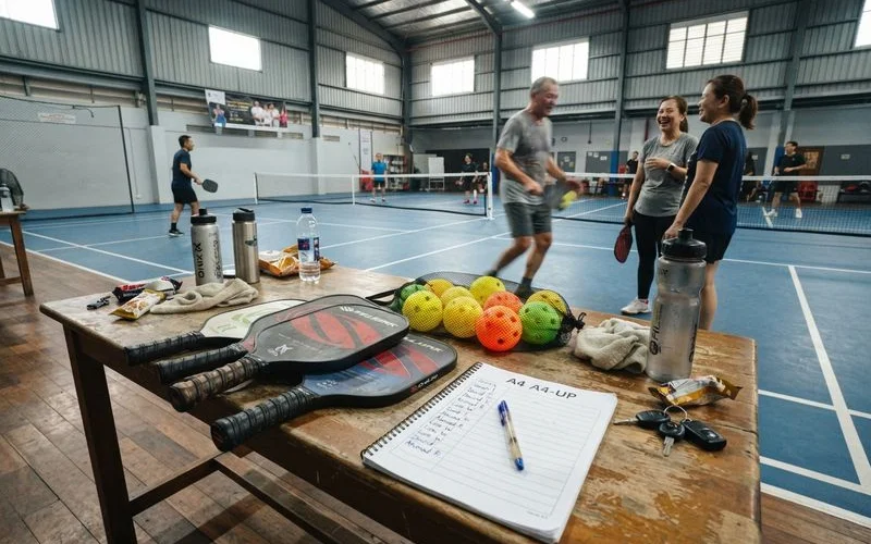 A group of friends gather courtside before a group pickleball session, paddles and water bottles set down near the net