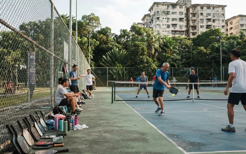 A group of players wait their turn during a casual open play pickleball session on a shared court in Klang Valley