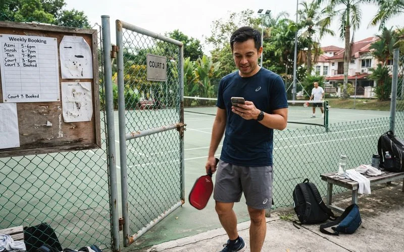 A pair of pickleball players stand at the net on an outdoor court in Klang Valley during late afternoon light, paddles in hand
