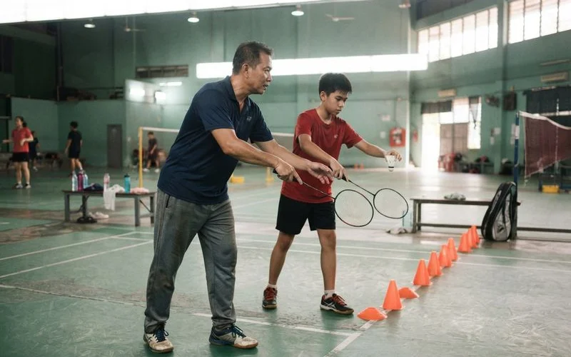 A certified coach demonstrates paddle grip technique to a small group of players during a coaching session on an indoor court