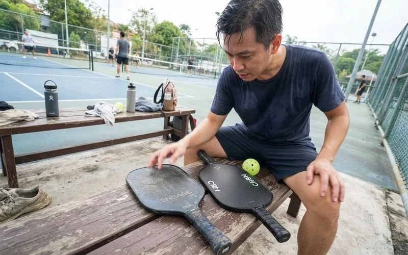 Close-up of a pickleball paddle face showing visible wear marks next to a fresh, unused paddle for comparison