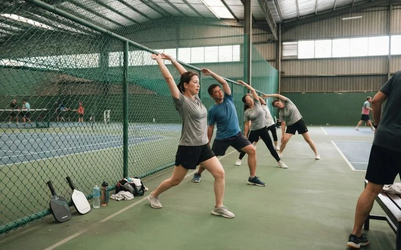 A player performs dynamic stretches near the baseline of an outdoor pickleball court in Klang Valley before a game