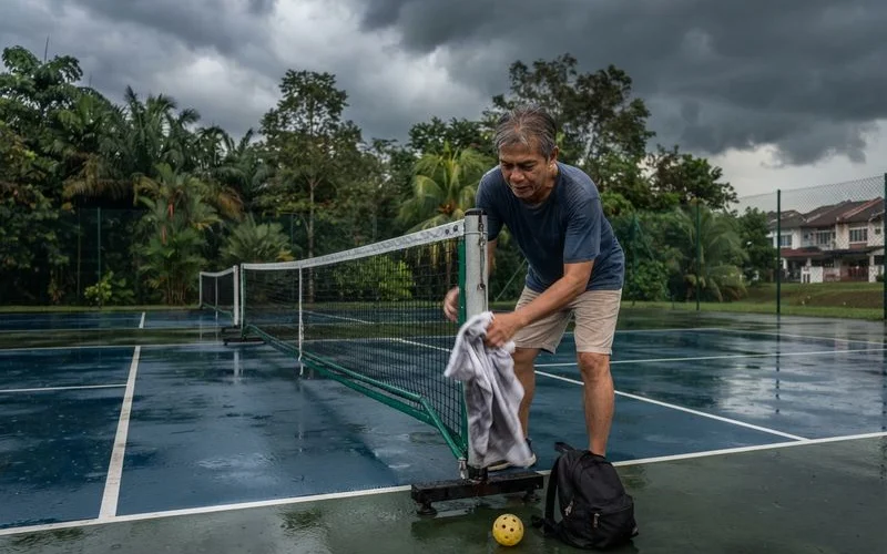 Rain falls over an empty outdoor pickleball court in Klang Valley, with visible standing water near the baseline