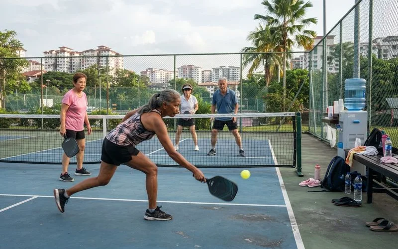 An older couple play a doubles match on an outdoor pickleball court in Klang Valley during a cool morning session